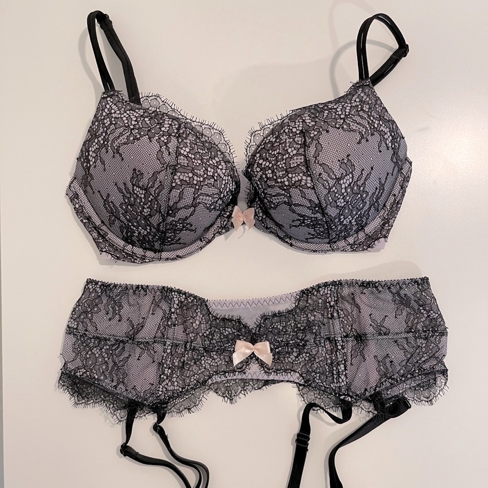 Victoria’s Secret lavender lace very sexy push-up bra with matching garter belt